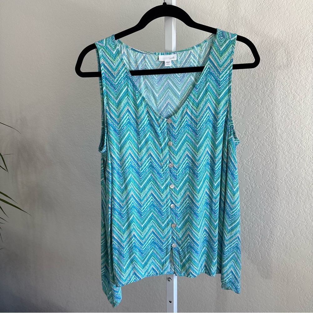J. Jill Sleeveless Chevron Tank Top Blue Green Rayon Button Front Size LP